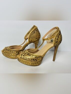 Thalia Sodi Gold Embellished T-Strap Platform Heels